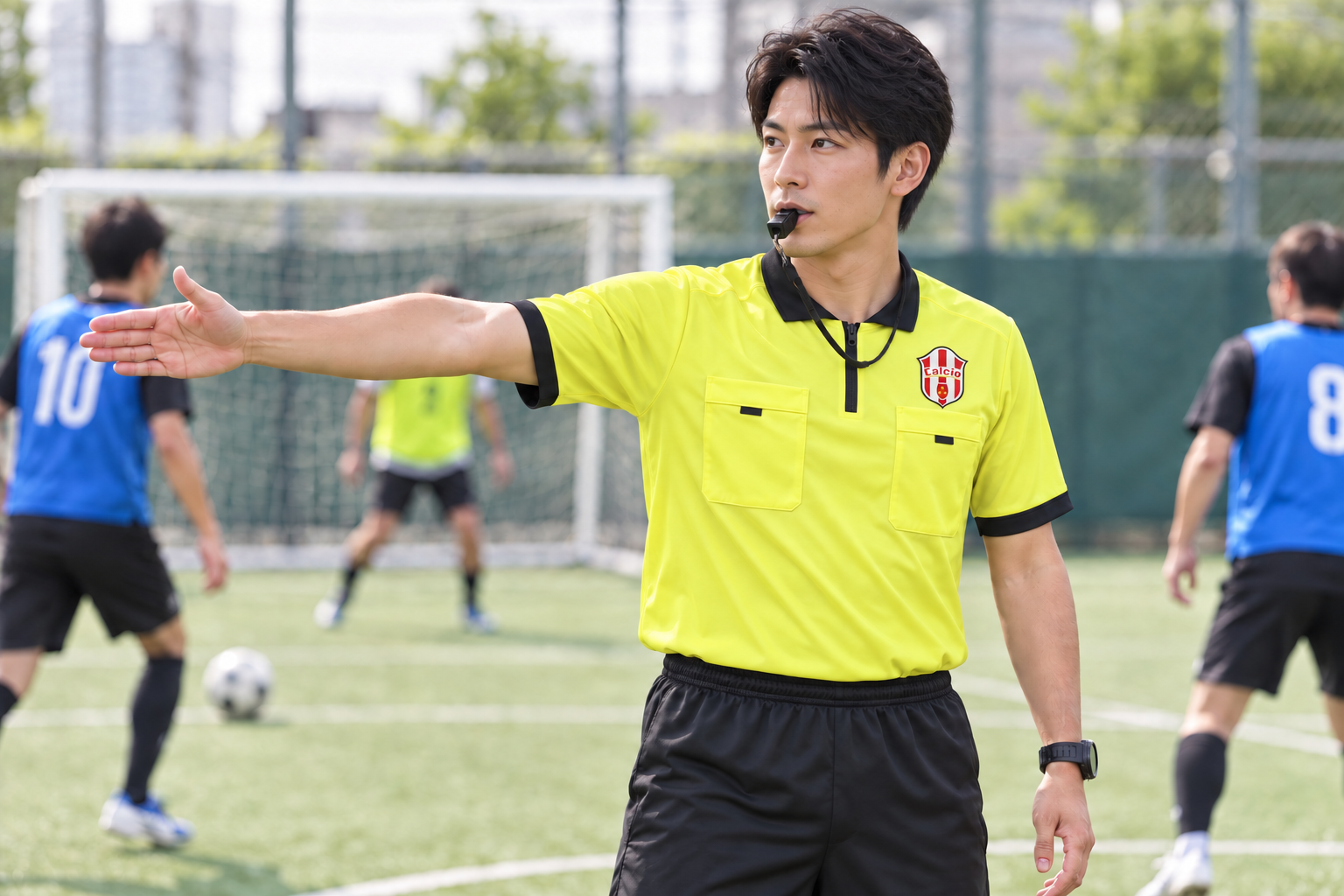 笛を持ち試合の判定をするCalcioスタッフのイメージ
