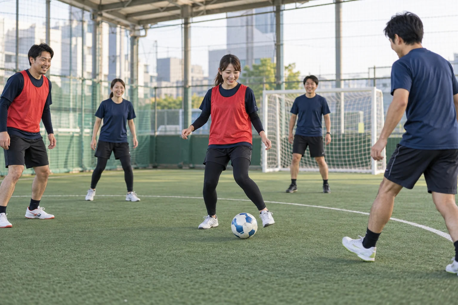 仲間と笑顔でパスをつなぐ、接触のないフットサルのイメージ
