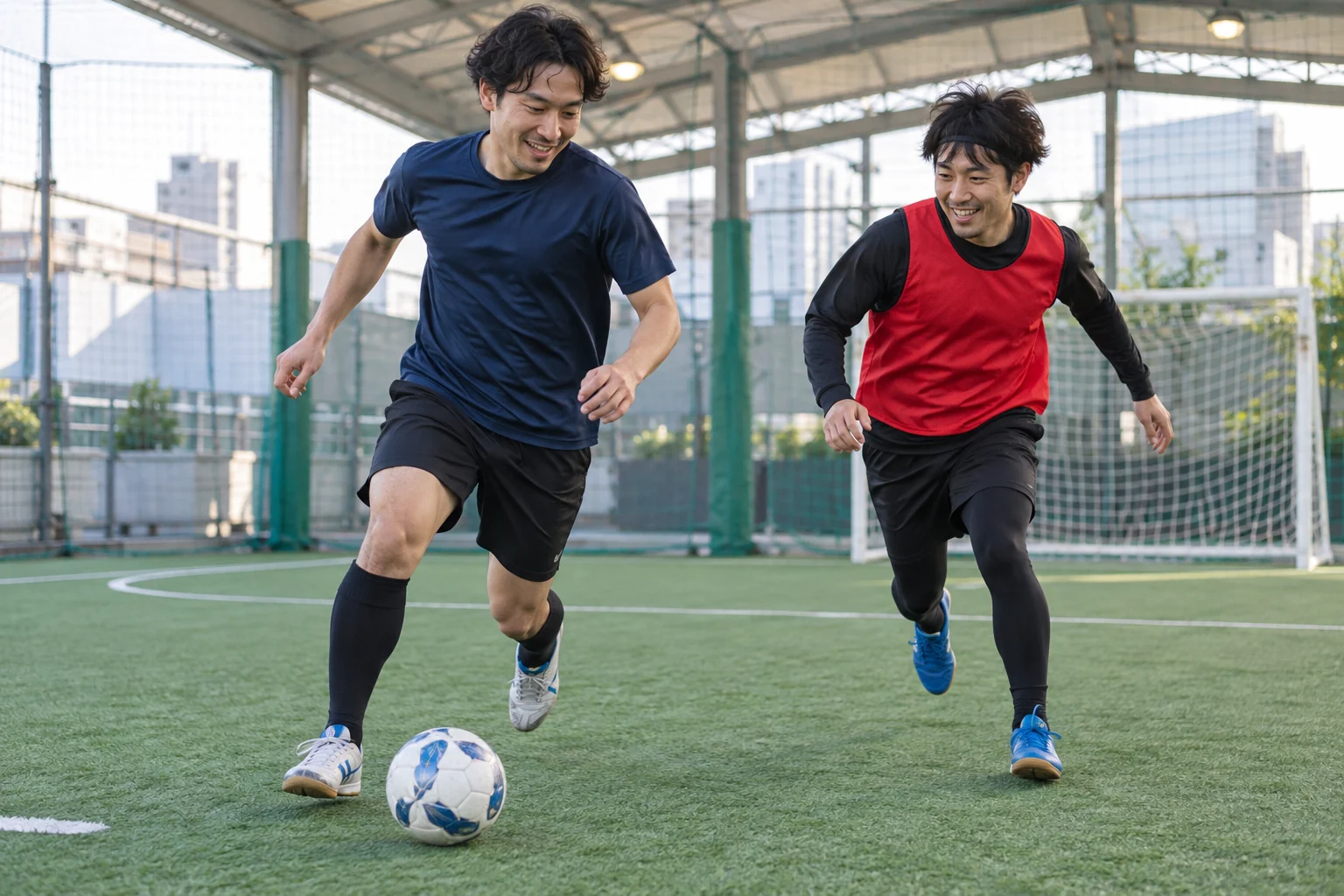 適度な距離を保ち、真剣にボールを競り合うプレーのイメージ