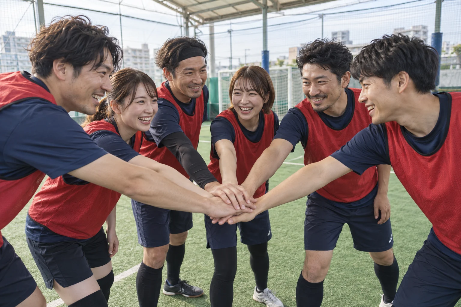 試合前に手を重ね、ひとつのチームになる仲間たちのイメージ